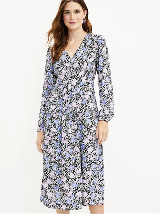 LOFT Dresses & Skirts - NWT Ann Taylor Loft Floral Print V Neck Ruched Midi Dress Long Sleeve Sz 12